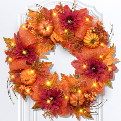 Authentic Autumn Wreath with Lights Mesh Ribbon for Home