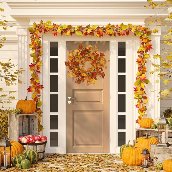 22 inch Artificial Fall Wreath Maple Leaf Wreath with Cape Gooseberry 5