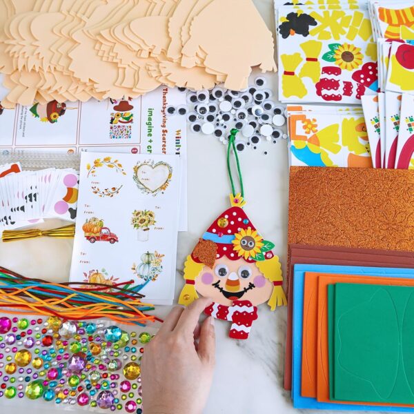 Winlyn 24 Sets Fall Craft Kits Autumn Scarecrow Crafts Fall Scarecrow Head Craft Kits Maple Leaves Pumpkins Harvest Foam Stickers Arts and Crafts for Kids Classroom Activities Holiday Party Favors 3