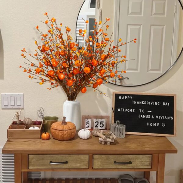 Sggvecsy Fall Artificial Berry Stems 6Pcs Berry Picks Branches Fall Orange Stems Floral Arrangements with Fake Pumpkin for Autumn Thanksgiving Harvest Home Vase Festival Indoor Christmas Decor(Orange) 3