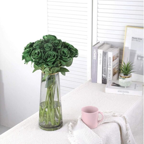 Nubry Artificial Silk Rose Flower Bouquet Lifelike Fake Rose for Wedding Home Party Decoration Event Gift 10pcs (Dark Green) 3