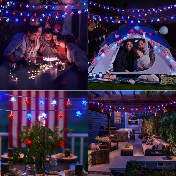 4th of July Decor Red White Blue Stars String Lights, 17ft 50 LED Waterproof Connectable Patriotic LED Star Fairy Lights for Independence Day President Day Memorial Day 3