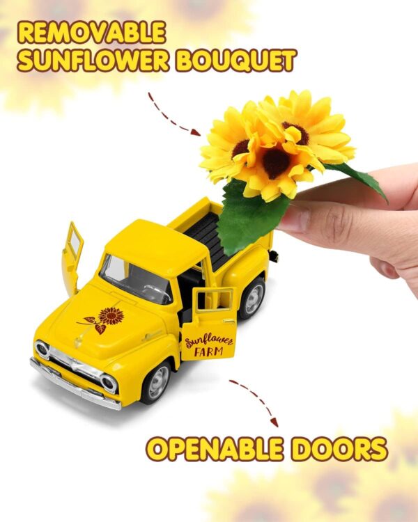 Huray Rayho Sunflower Metal Truck with Artificial Plastic Flower Yellow Vintage Farm Pickup Farmhouse Tabletop Tiered Tray Decor Home Kitchen Mantel Shelf Spring Mini Diecast Truck Decorations 3