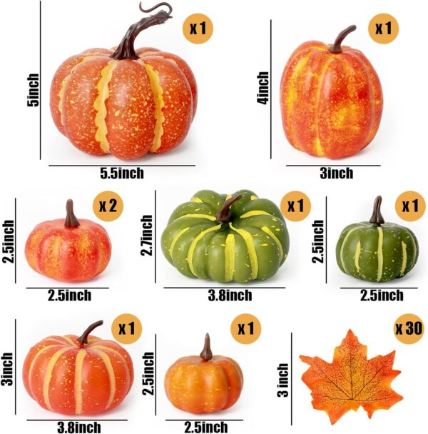 DomeStar 38PCS Thanksgiving Artificial Pumpkins Sets, 8PCS Assorted Pumpkins with 30PCS Artificial Maple Leaves Fake Pumpkins Farmhouse Pumpkins Fall Harvest Table Centerpieces Halloween Decor 3