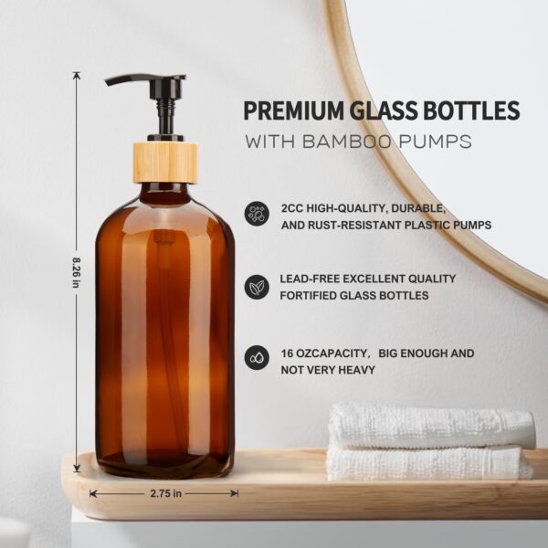 Premium Amber Glass Soap Dispenser with Bamboo Tray 4