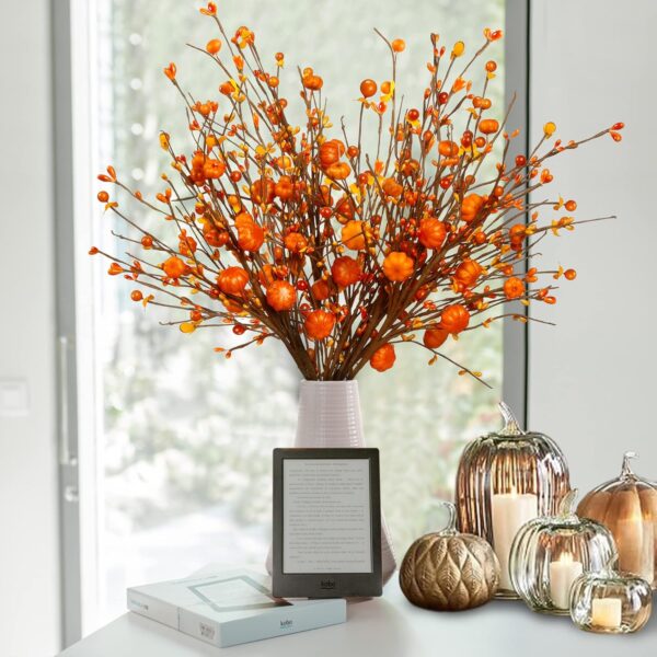 Sggvecsy Fall Artificial Berry Stems 6Pcs Berry Picks Branches Fall Orange Stems Floral Arrangements with Fake Pumpkin for Autumn Thanksgiving Harvest Home Vase Festival Indoor Christmas Decor(Orange) 4