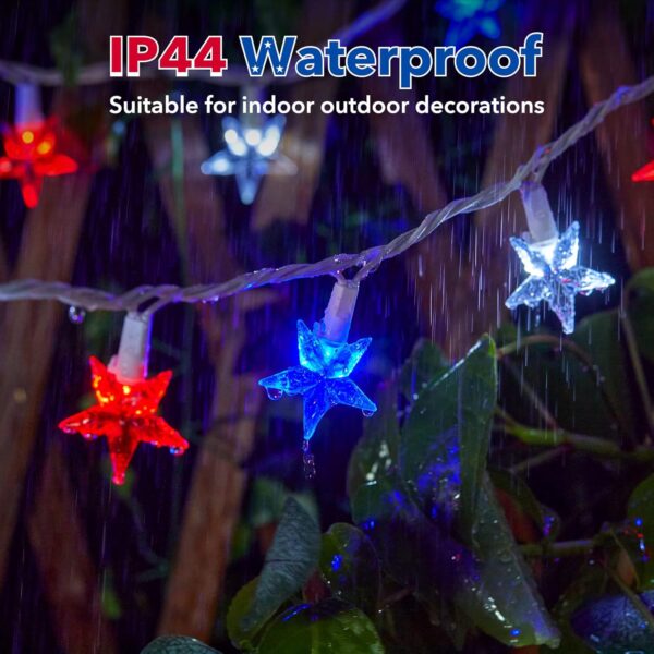 4th of July Decor Red White Blue Stars String Lights, 17ft 50 LED Waterproof Connectable Patriotic LED Star Fairy Lights for Independence Day President Day Memorial Day 4