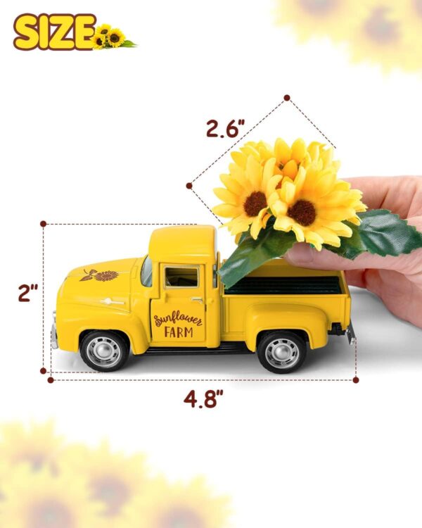 Huray Rayho Sunflower Metal Truck with Artificial Plastic Flower Yellow Vintage Farm Pickup Farmhouse Tabletop Tiered Tray Decor Home Kitchen Mantel Shelf Spring Mini Diecast Truck Decorations 4