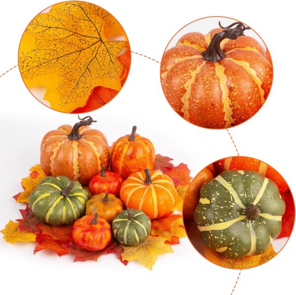 DomeStar 38PCS Thanksgiving Artificial Pumpkins Sets, 8PCS Assorted Pumpkins with 30PCS Artificial Maple Leaves Fake Pumpkins Farmhouse Pumpkins Fall Harvest Table Centerpieces Halloween Decor 4