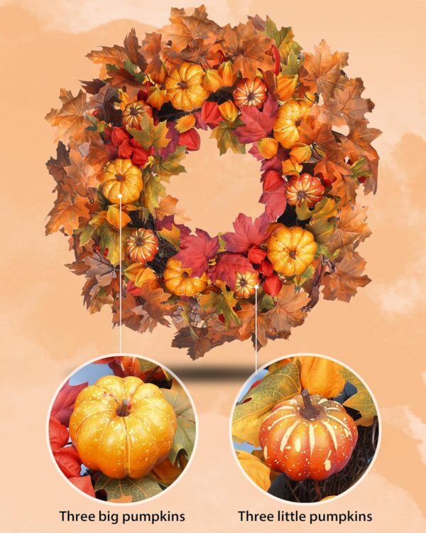 Fall Wreath 24’’Autumn Front Door Wreath Harvest Wreath with Pumpkin Berry Leaves Fall Decorations for Outside Indoor Wall Window Festival Thanksgiving Halloween Decor 4