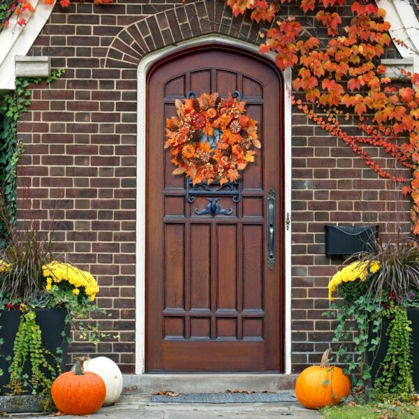 Sggvecsy Fall Wreath 20’’ Autumn Front Door Wreath Harvest Wreath with Various Pumpkin Cluster of Berries Maple Leaves Pine Cones for Outside Indoor Wall Window Festival Thanksgiving Autumn Fall Decor 4