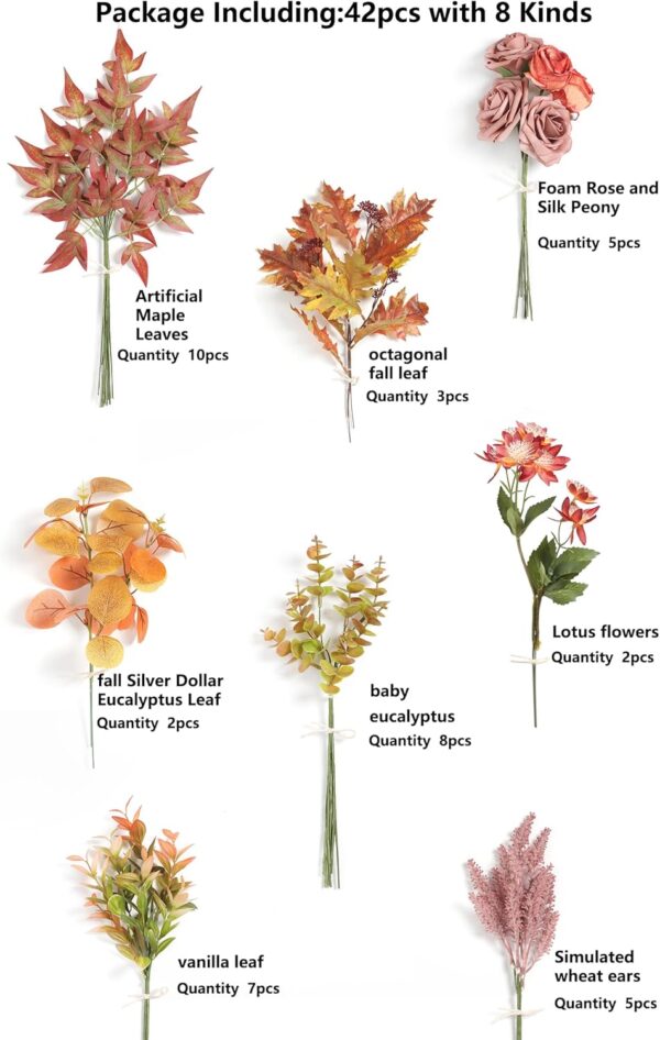Fall Artificial Greenery Spray Box Set(Pack of 42pcs) with 8 Kinds of Faux Foliage Picks for Wedding Bouquet Filler Table Centerpieces and Floral Arrangement 4