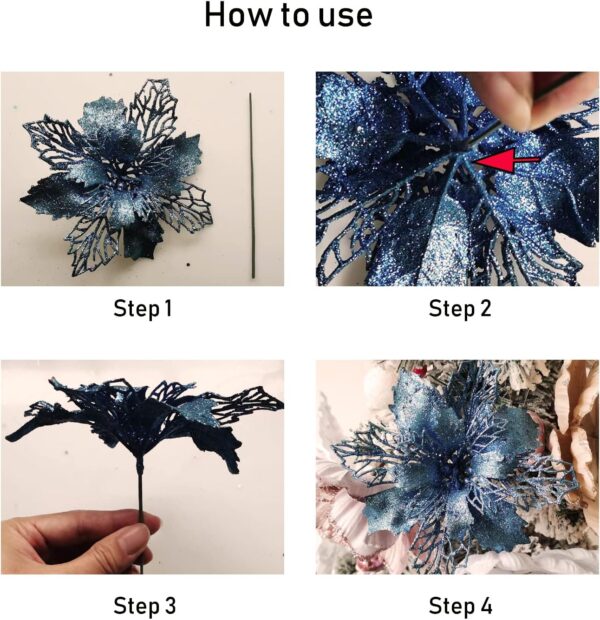 GL-Turelifes 12 Pcs 6.3’’Diameter Glitter Christmas Flowers Gold Poinsettia Artificial Flower Christmas Wreath Christmas Tree Flowers Tree Ornaments with 12 Pcs Green Flower Stem 4