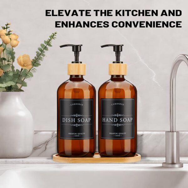 Premium Amber Glass Soap Dispenser with Bamboo Tray 3