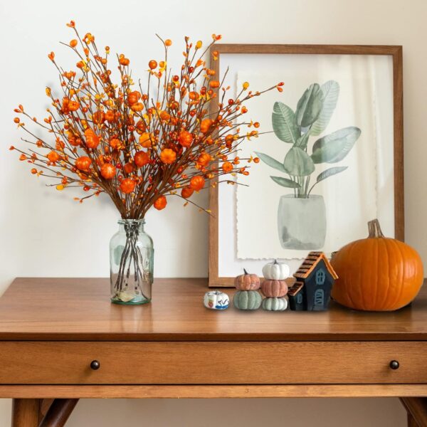 Sggvecsy Fall Artificial Berry Stems 6Pcs Berry Picks Branches Fall Orange Stems Floral Arrangements with Fake Pumpkin for Autumn Thanksgiving Harvest Home Vase Festival Indoor Christmas Decor(Orange) 5