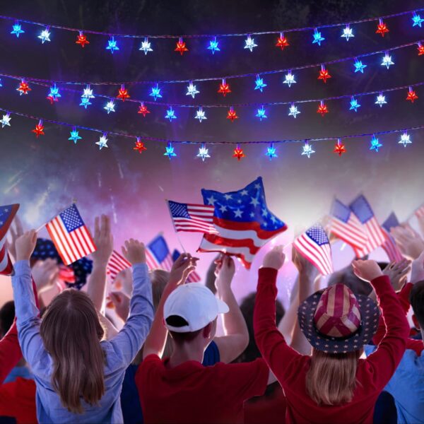 4th of July Decor Red White Blue Stars String Lights, 17ft 50 LED Waterproof Connectable Patriotic LED Star Fairy Lights for Independence Day President Day Memorial Day 5