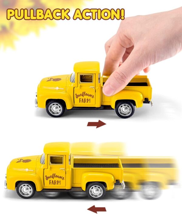 Huray Rayho Sunflower Metal Truck with Artificial Plastic Flower Yellow Vintage Farm Pickup Farmhouse Tabletop Tiered Tray Decor Home Kitchen Mantel Shelf Spring Mini Diecast Truck Decorations 5