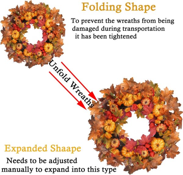 Fall Wreath 24’’Autumn Front Door Wreath Harvest Wreath with Pumpkin Berry Leaves Fall Decorations for Outside Indoor Wall Window Festival Thanksgiving Halloween Decor 5