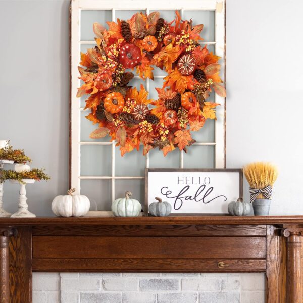Sggvecsy Fall Wreath 20’’ Autumn Front Door Wreath Harvest Wreath with Various Pumpkin Cluster of Berries Maple Leaves Pine Cones for Outside Indoor Wall Window Festival Thanksgiving Autumn Fall Decor 5