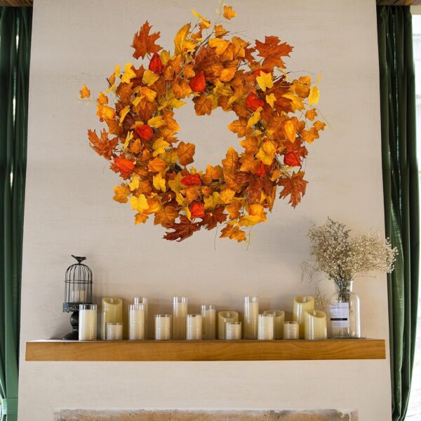 22 inch Artificial Fall Wreath Maple Leaf Wreath with Cape Gooseberry 2