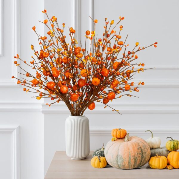 Sggvecsy Fall Artificial Berry Stems 6Pcs Berry Picks Branches Fall Orange Stems Floral Arrangements with Fake Pumpkin for Autumn Thanksgiving Harvest Home Vase Festival Indoor Christmas Decor(Orange) 6