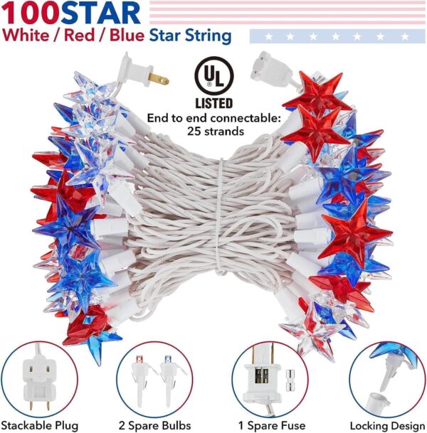 4th of July Decor Red White Blue Stars String Lights, 17ft 50 LED Waterproof Connectable Patriotic LED Star Fairy Lights for Independence Day President Day Memorial Day 6