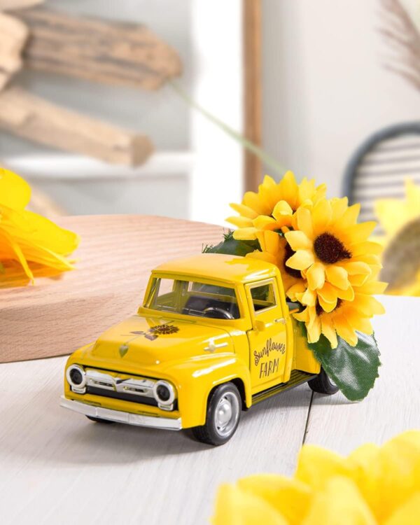 Huray Rayho Sunflower Metal Truck with Artificial Plastic Flower Yellow Vintage Farm Pickup Farmhouse Tabletop Tiered Tray Decor Home Kitchen Mantel Shelf Spring Mini Diecast Truck Decorations 6