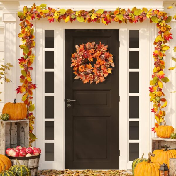 Sggvecsy Fall Wreath 20’’ Autumn Front Door Wreath Harvest Wreath with Various Pumpkin Cluster of Berries Maple Leaves Pine Cones for Outside Indoor Wall Window Festival Thanksgiving Autumn Fall Decor 6