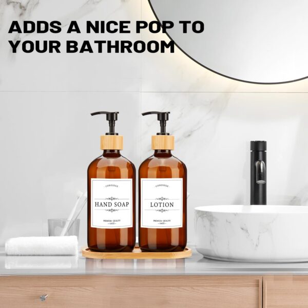 Premium Amber Glass Soap Dispenser with Bamboo Tray 2