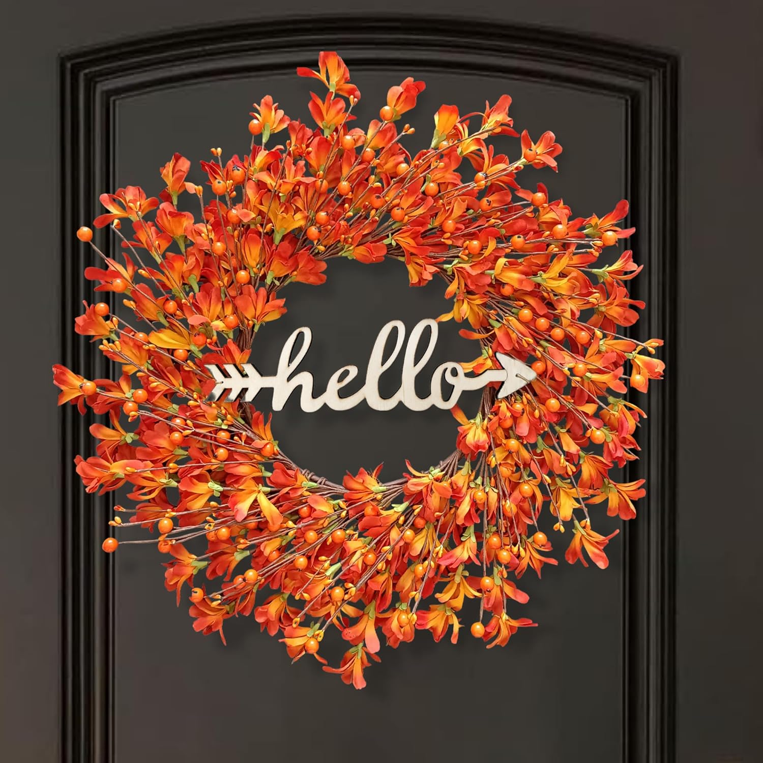 Orange Forsythia Outdoor Door Wreath with Berries Autumn Wreath