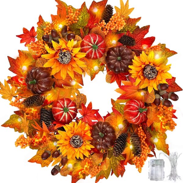 Fall Wreath for Front Door with Lights