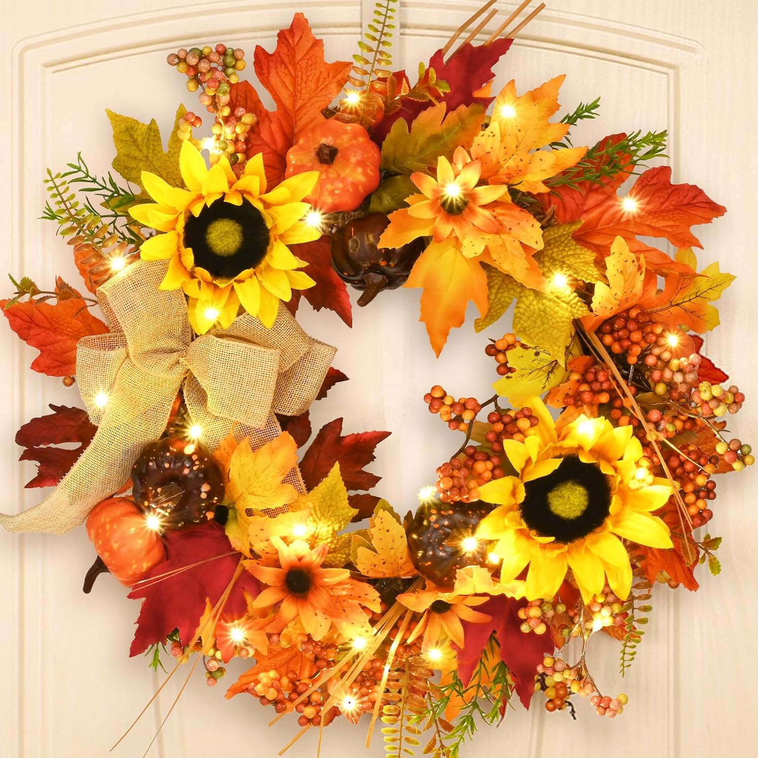 Artificial Autumn Wreath with Lights Maple Leaf Sunflower Wreath Pumpkins