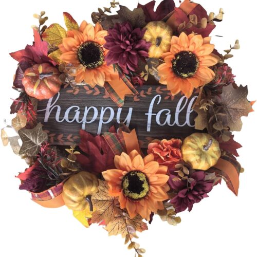 Happy Fall Wreath for Front Door with Pumpkin Sunflowers Autumnal Leaves