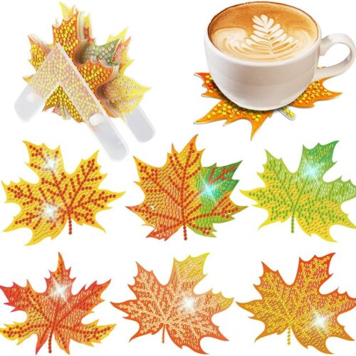 1 Fall Diamond Drawing Coasters with Iron Holder Maple
