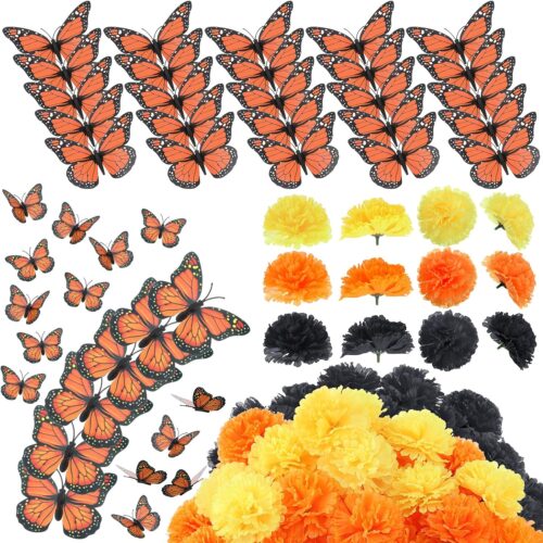 1 80 Pcs Artificial Marigold Flowers Monarch Butterfly Decorations