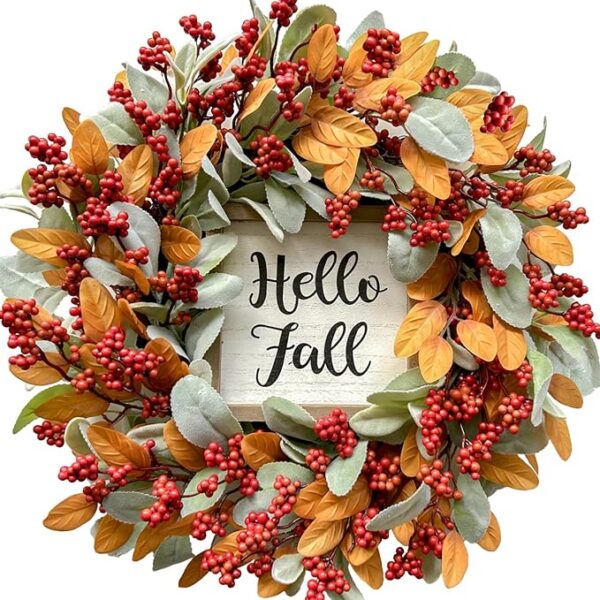 Hello Fall Wreath for Front Door 20 Inch Artificial Lambs leaves Wreath 1