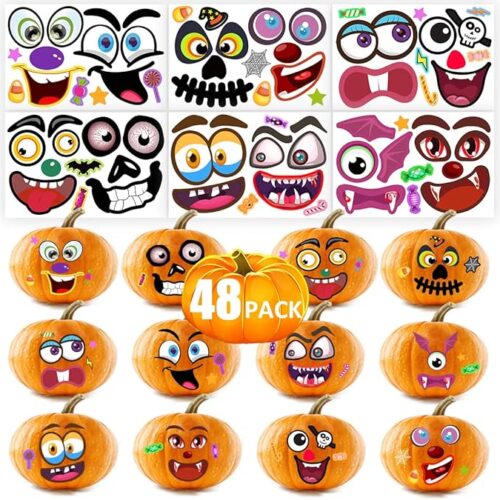 1 48Packs Pumpkin Decorating Kit, Halloween Pumpkin Decorating Stickers