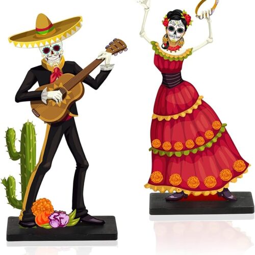 1 2 PCS Day of the Dead Centerpieces, Wooden Dancing Couple Sugar Skull