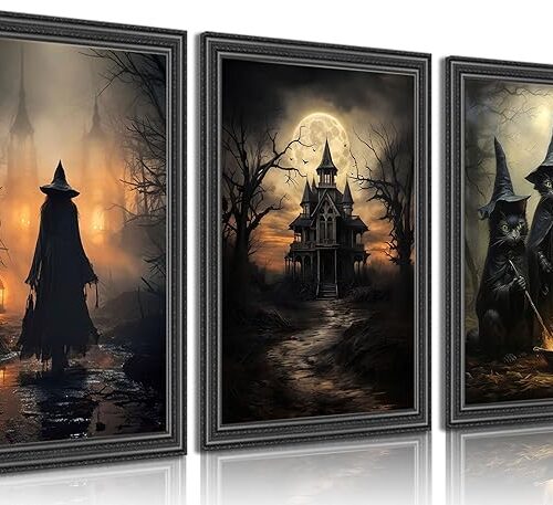 3pcs Halloween Canvas Wall Art Dark Academia Scary Witch Black Cat Castle Posters Prints Thriller Horror Gothic Wall Decor Pictures for Halloween Party House Decoration Unframed