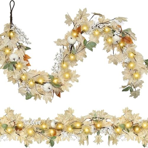 6FT White Fall Garland Maple Leaf Garland with Battery Operated LED Lights, Artificial Berries Pumpkin Fall Leaves Garland Decoration for Fireplace Door Frame Backdrop Wedding Party Decor
