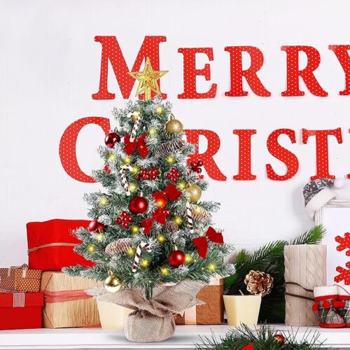 1 Sggvecsy 23.6’’ Mini Snow Frosted Christmas Tree Table Top Lighted Artificial Xmas Tree Star Treetop Pine Cones Red Bows Balls Candy Canes Red Berries Hanging Ornaments DIY Holiday Indoor Decorations