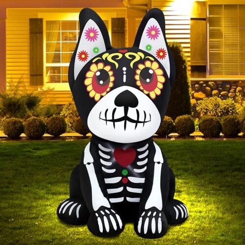 1 4FT Halloween Inflatables Dia de Los Muertos Dog Outdoor Decorations Blow Up Yard Colorful Skull Dog with Built-in LEDs for Indoor Party Garden Lawn Decor