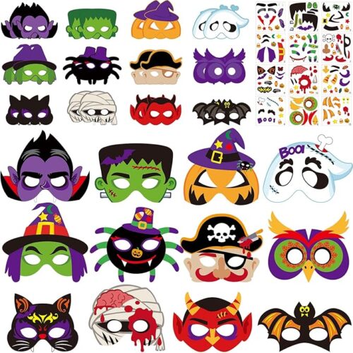 Capoda 24 Pcs Halloween Mask Craft Kit for Kids Halloween Paper Mask Pumpkin Witch Pirate DIY Mask for Halloween Party Activities