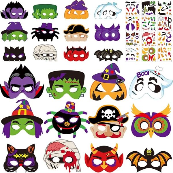 Capoda 24 Pcs Halloween Mask Craft Kit for Kids Halloween Paper Mask Pumpkin Witch Pirate DIY Mask for Halloween Party Activities 1