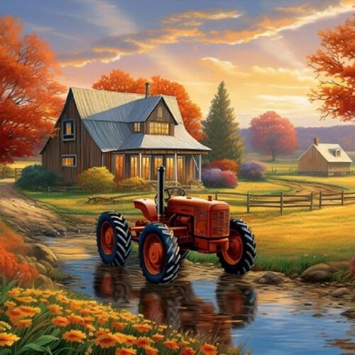 1 WSLWXSHM Diamond Painting Kits for Adults House, Tractor Round Full Drill Diamond Art Kits, 5D DIY Paint with Diamonds Crafts for Home Wall Decoration Gifts 12×12Inch Autumn Landscape