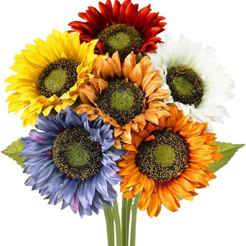 1 Olrla Long Stem Artificial Sunflowers for Tall Vase, Silk Fake Fall Sunflowers for Home Wedding Party Decoration (6 Mixed Colors)