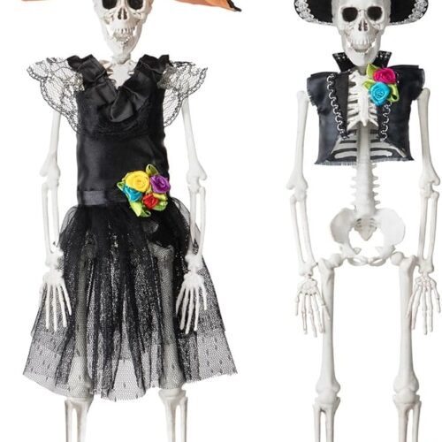 1 DECORLIFE 2 PCS Skeletons for Day of The Death Decorations, 16 Inch Bride and Groom Skeleton Ornament, Figurines Halloween Decorations for Party, Graveyard, Haunted House Décor