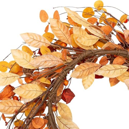 1 VGIA 18 Inch Fall Wreath Autumn Wreath for Front Door with Fall Leaves Artificial Autumn Harvest Wreath with Cape Gooseberries and Berries Fall Decorations for Home Wall and Window