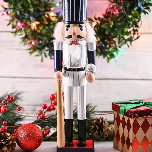 1 Ornativity Christmas Baseball Player Nutcracker - Baseball Player Figure with White Pin Stripe Uniform and Bat Xmas Sports Holiday Decor Nutcracker 15"