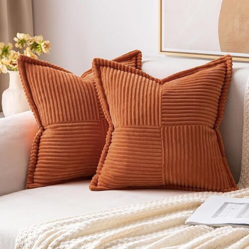 MIULEE Rust Pillow Covers 18x18 Inch with Splicing Set of 2 Super Soft Boho Striped Corduroy Pillow Covers Broadside Decorative Textured Throw Pillows for Fall Couch Cushion Livingroom